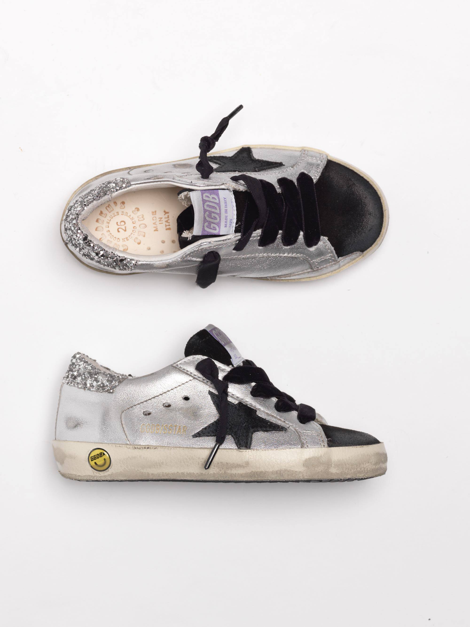 Kids | Super-Star Sneakers Silver Metallic Leather with Black Star & Glitter Heel Tab - Image 2