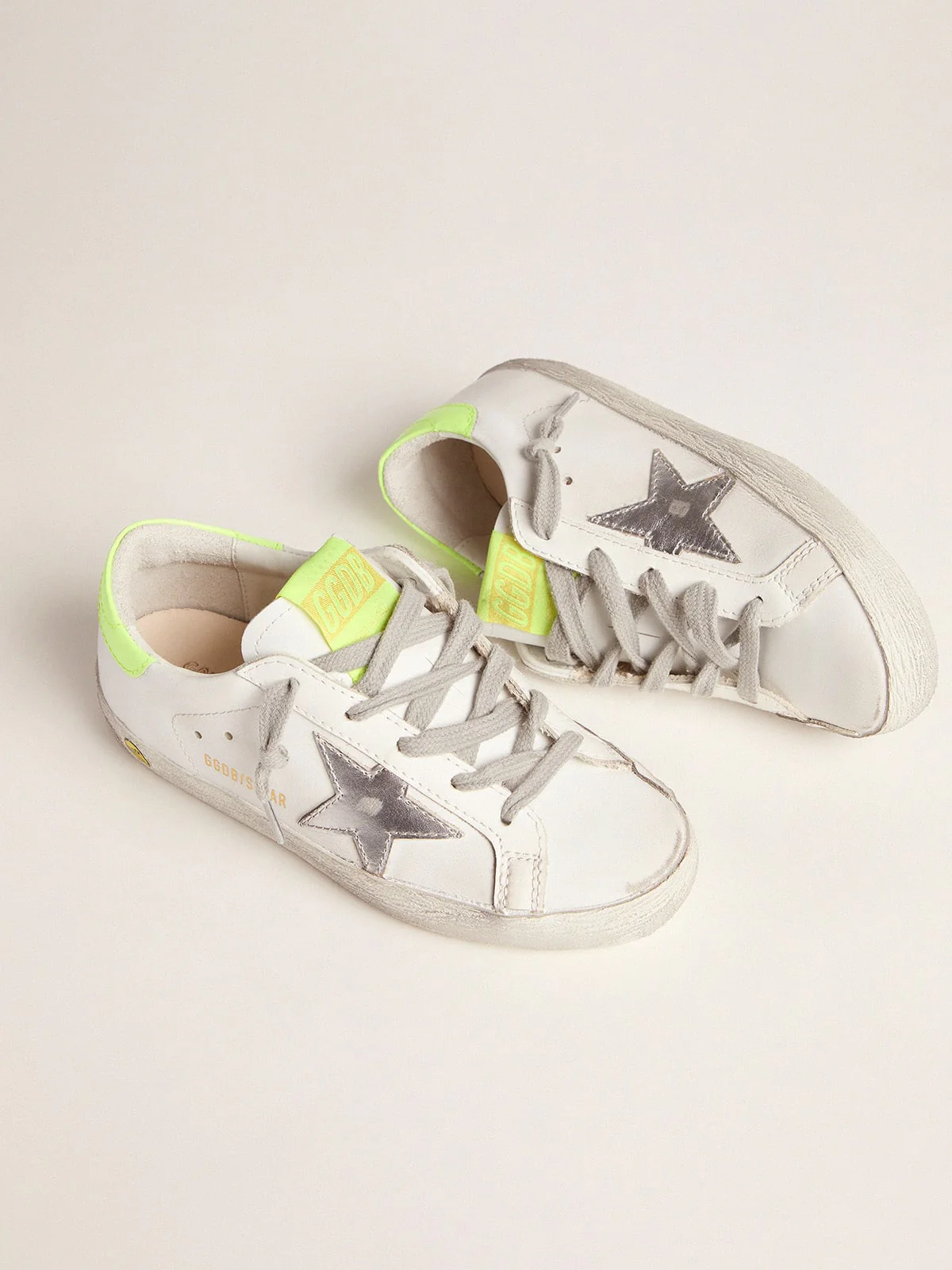 Kids | Super-Star Sneakers with Fluorescent Yellow Heel Tab & Silver Star | White x Silver x Yellow Fluo (V1) - Image 4