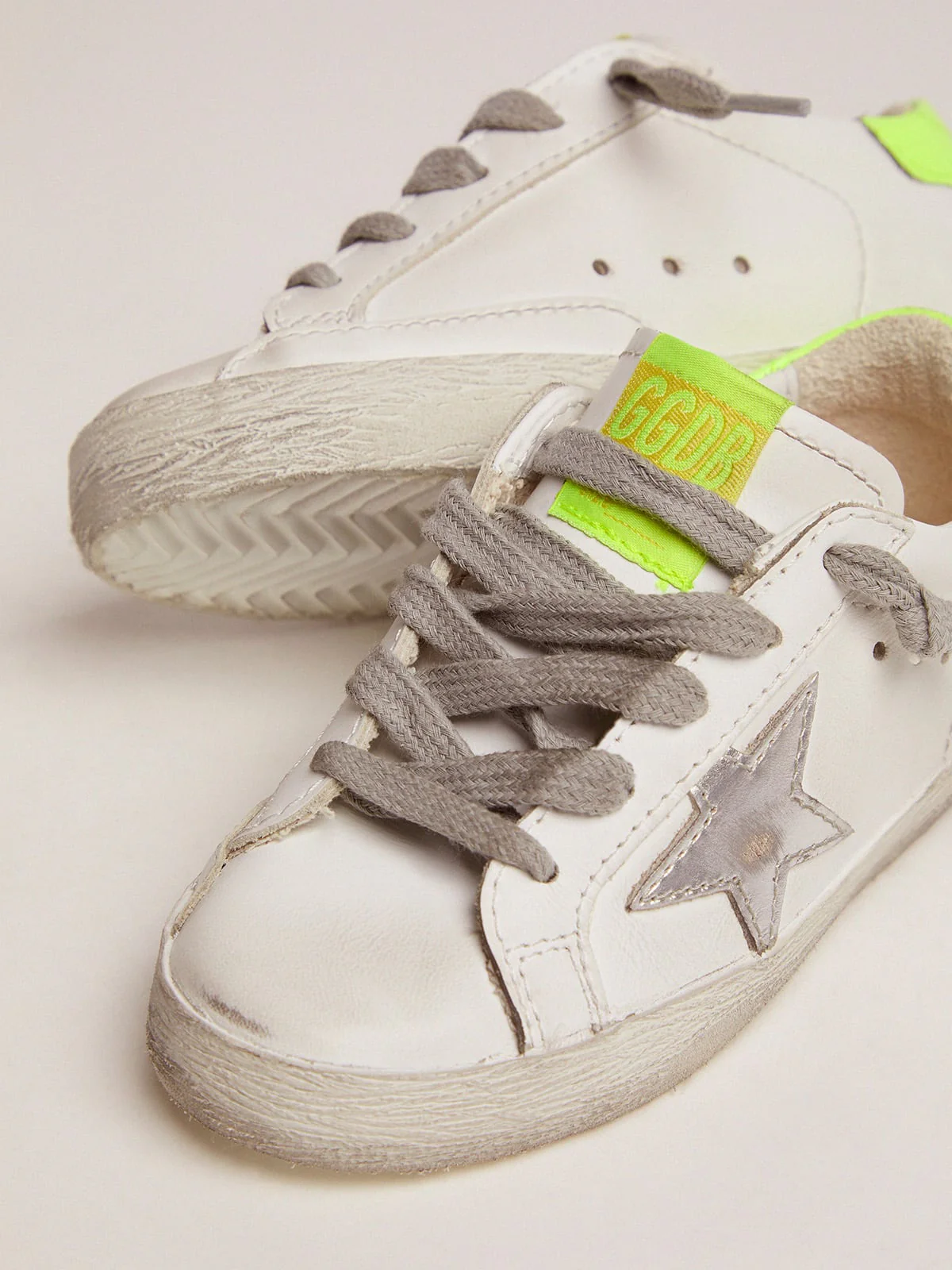 Kids | Super-Star Sneakers with Fluorescent Yellow Heel Tab & Silver Star | White x Silver x Yellow Fluo (V1) - Image 5
