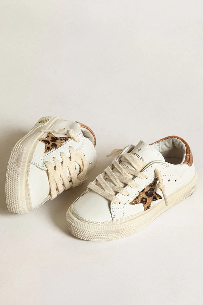 Kids | Super-Star Teen White Leather with Animal-Print Star & Brown Metallic Heel Tab | White x Beige Brown Leo x Chocolate Brown