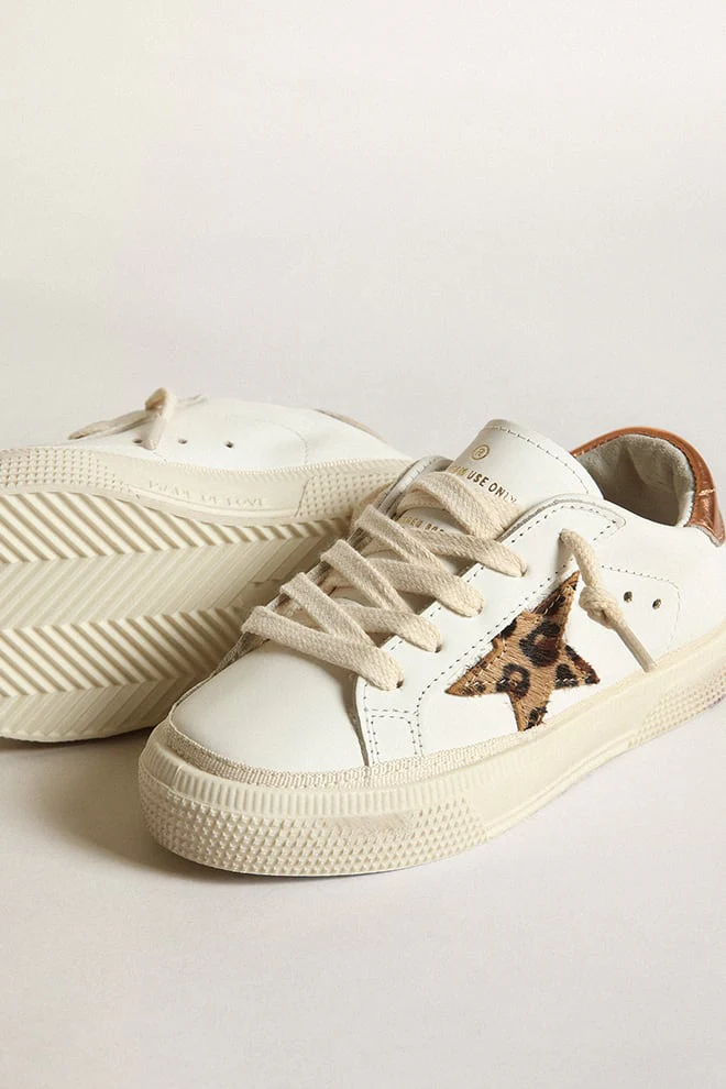 Kids | Super-Star Teen White Leather with Animal-Print Star & Brown Metallic Heel Tab | White x Beige Brown Leo x Chocolate Brown - Image 2