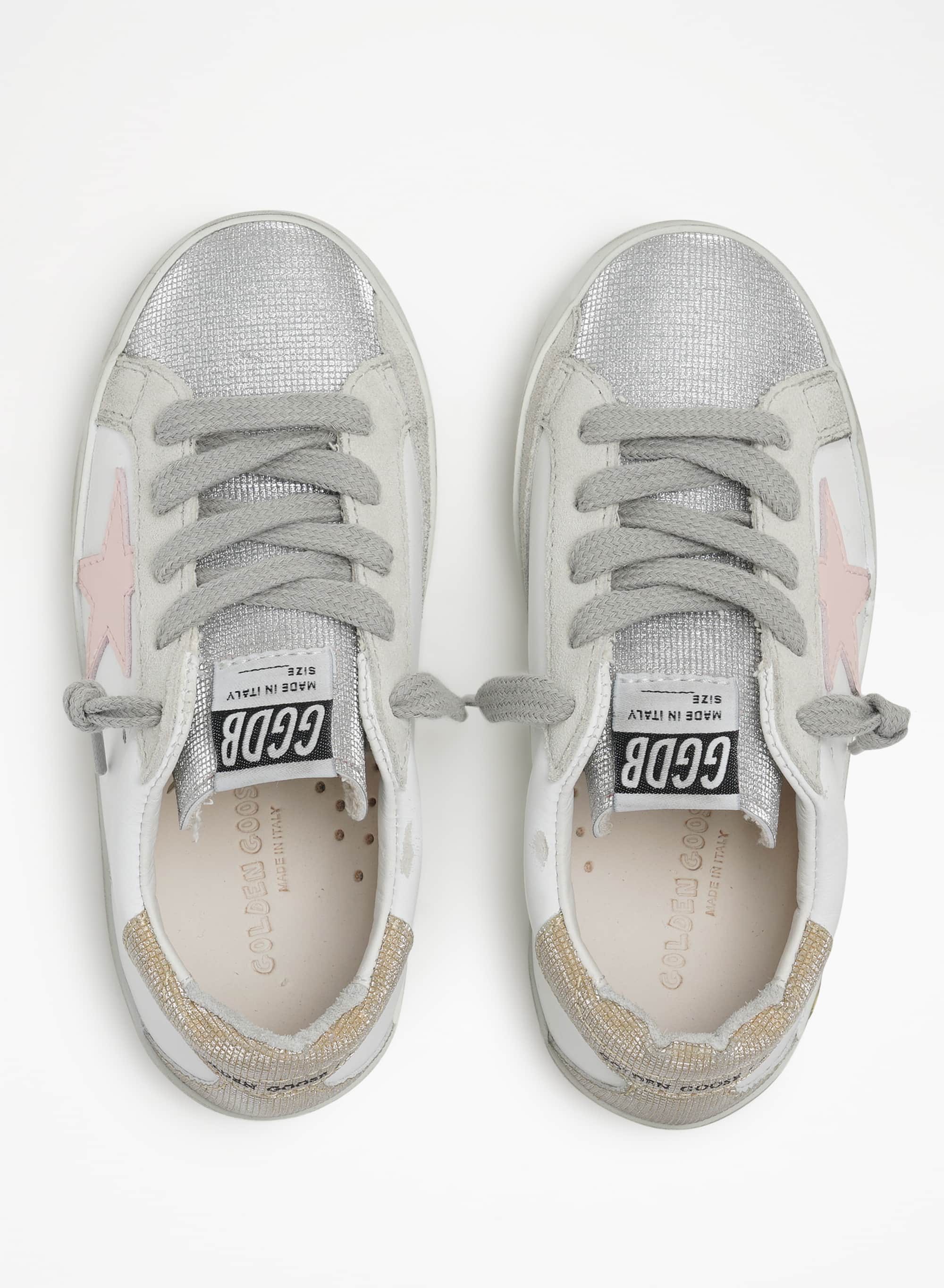 Kids | Super-Star White Leather with Pink Star | White x Silver x Rose Quartz x Gold