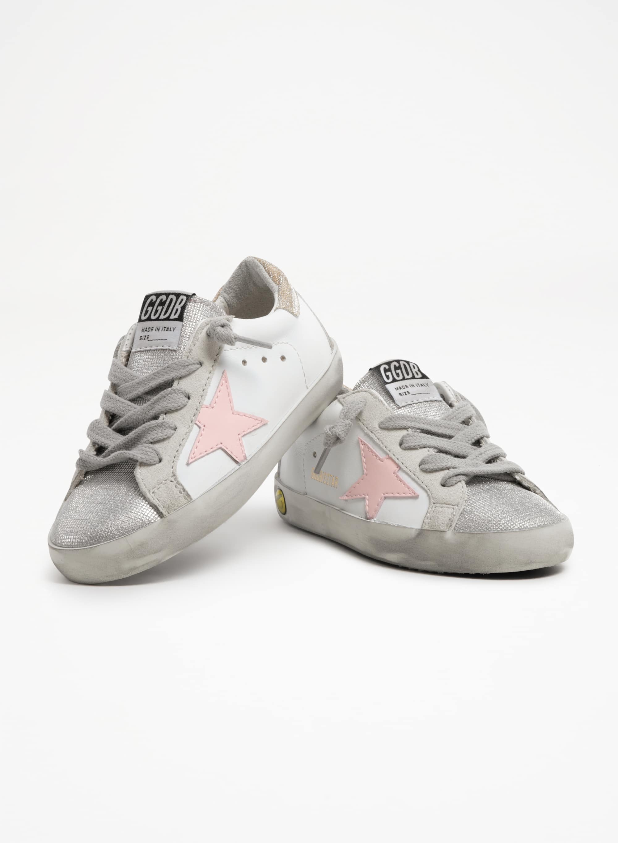 Kids | Super-Star White Leather with Pink Star | White x Silver x Rose Quartz x Gold - Image 2