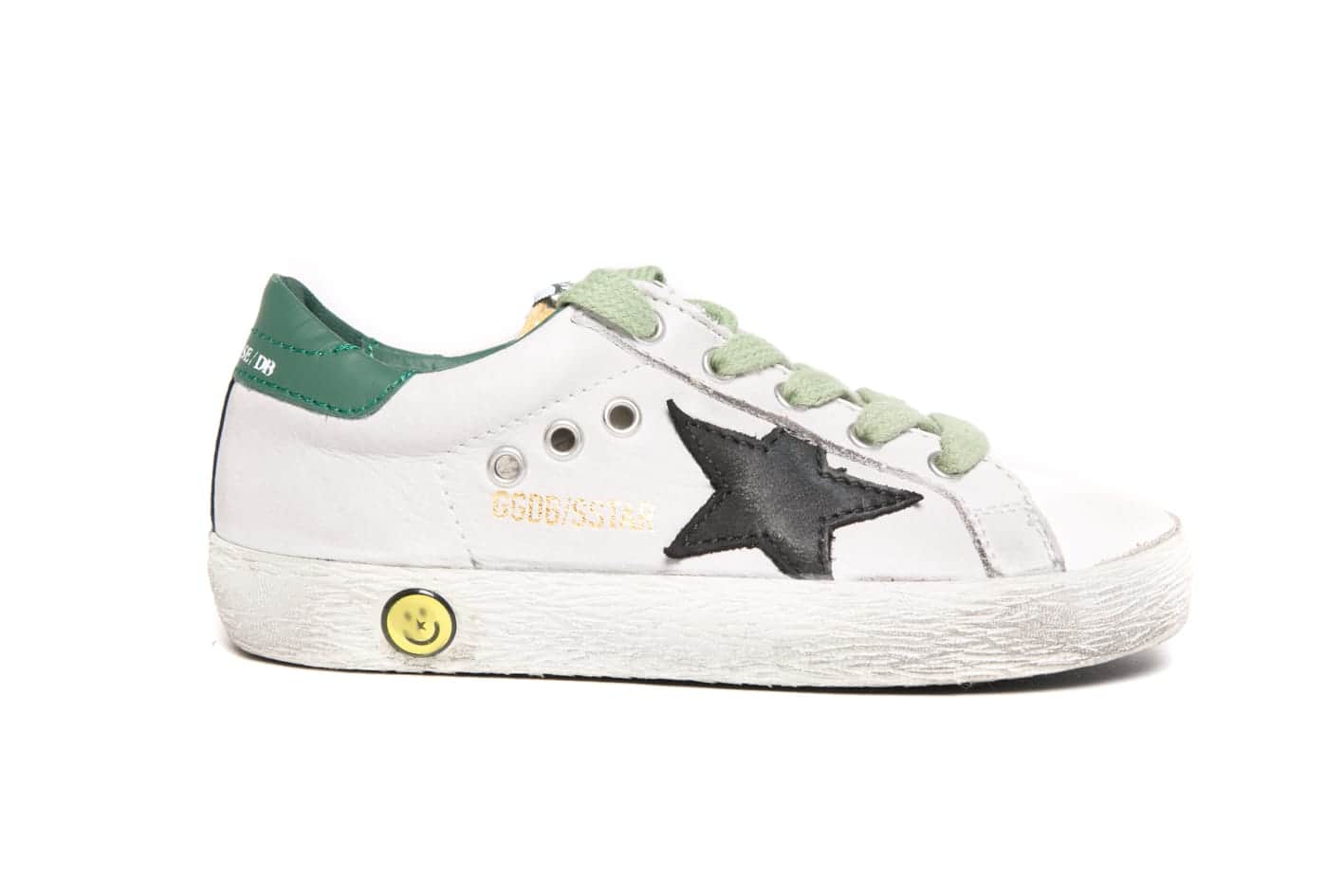 Kids | Superstar Sneakers White Leather with Black Star & Green Heel Tab - Image 2
