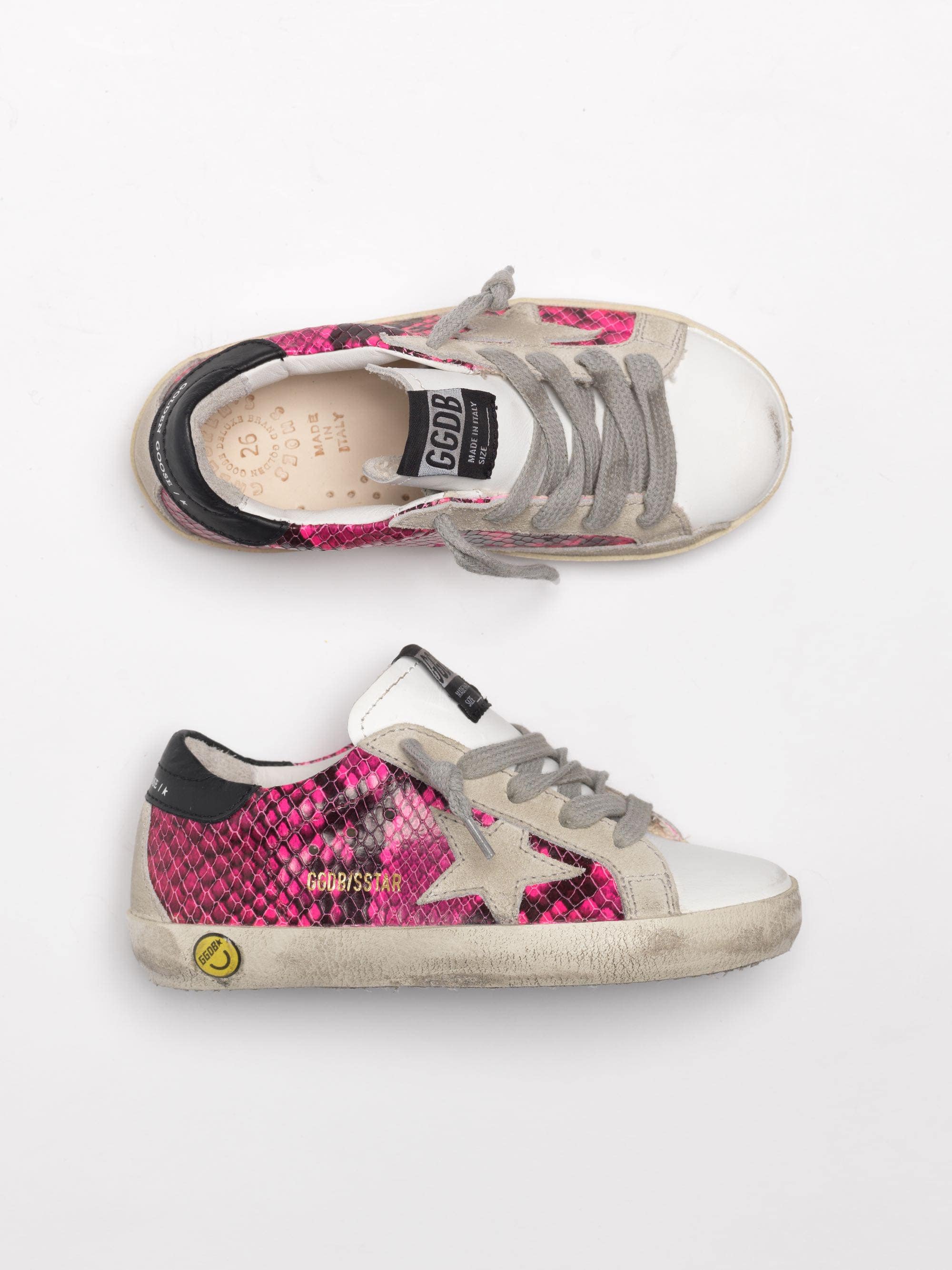 Kids | White & Fuchsia Snakeskin-Print Super-Star Sneakers - Image 3