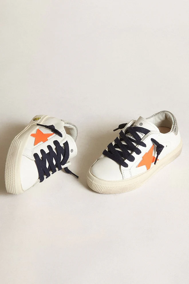 Kids | Young May with Fluorescent Orange Leather Star & Perforated Heel | White x Fluo Orange x Silver - Image 3