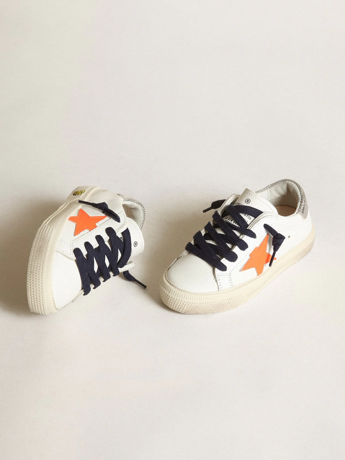 Kids | Young May with Fluorescent Orange Leather Star & Perforated Heel | White x Fluo Orange x Silver - Image 8