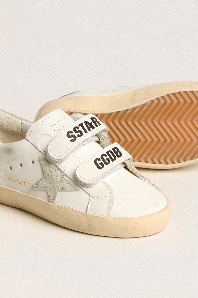 Kids | Young Old School Leather with Gray Suede Star & Old Rose Heel Tab | White x Ice x Antique Pink - Image 4