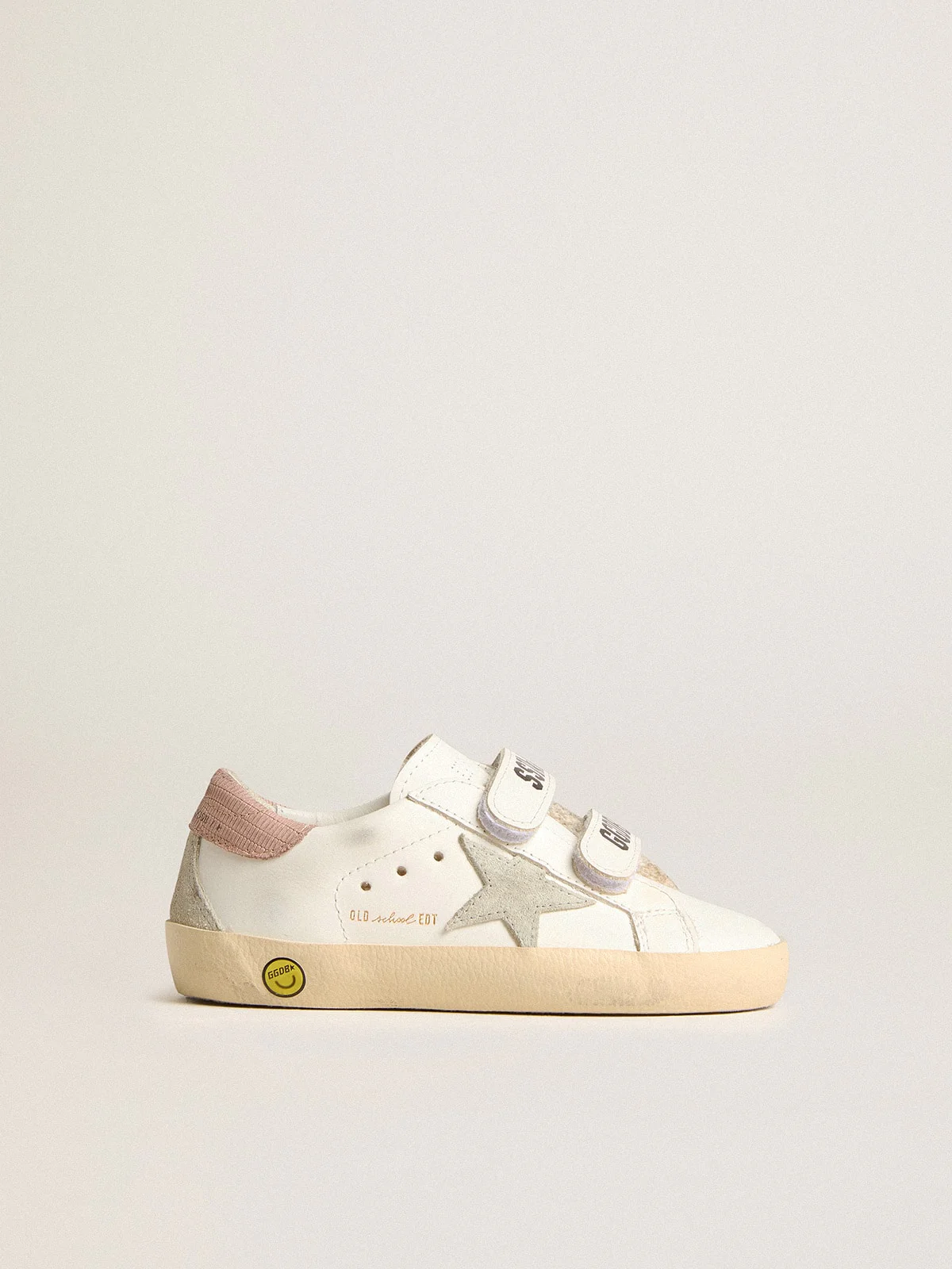 Kids | Young Old School Leather with Gray Suede Star & Old Rose Heel Tab | White x Ice x Antique Pink - Image 7