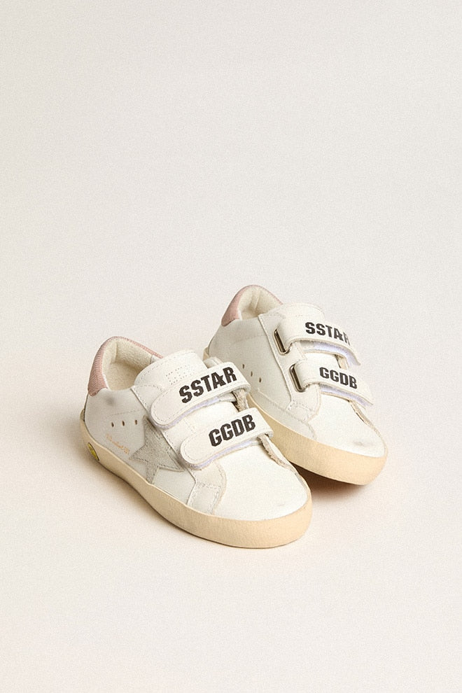 Kids | Young Old School Leather with Gray Suede Star & Old Rose Heel Tab | White x Ice x Antique Pink - Image 8