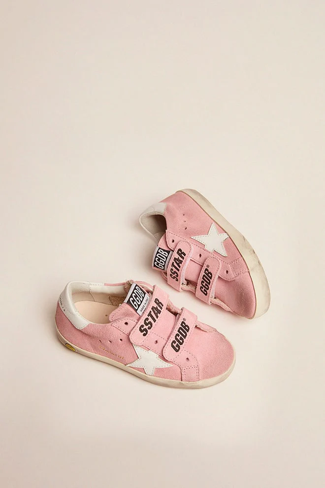 Kids | Young Old School Pink Suede with Leather Star & Heel Tab | Baby Pink x White - Image 7