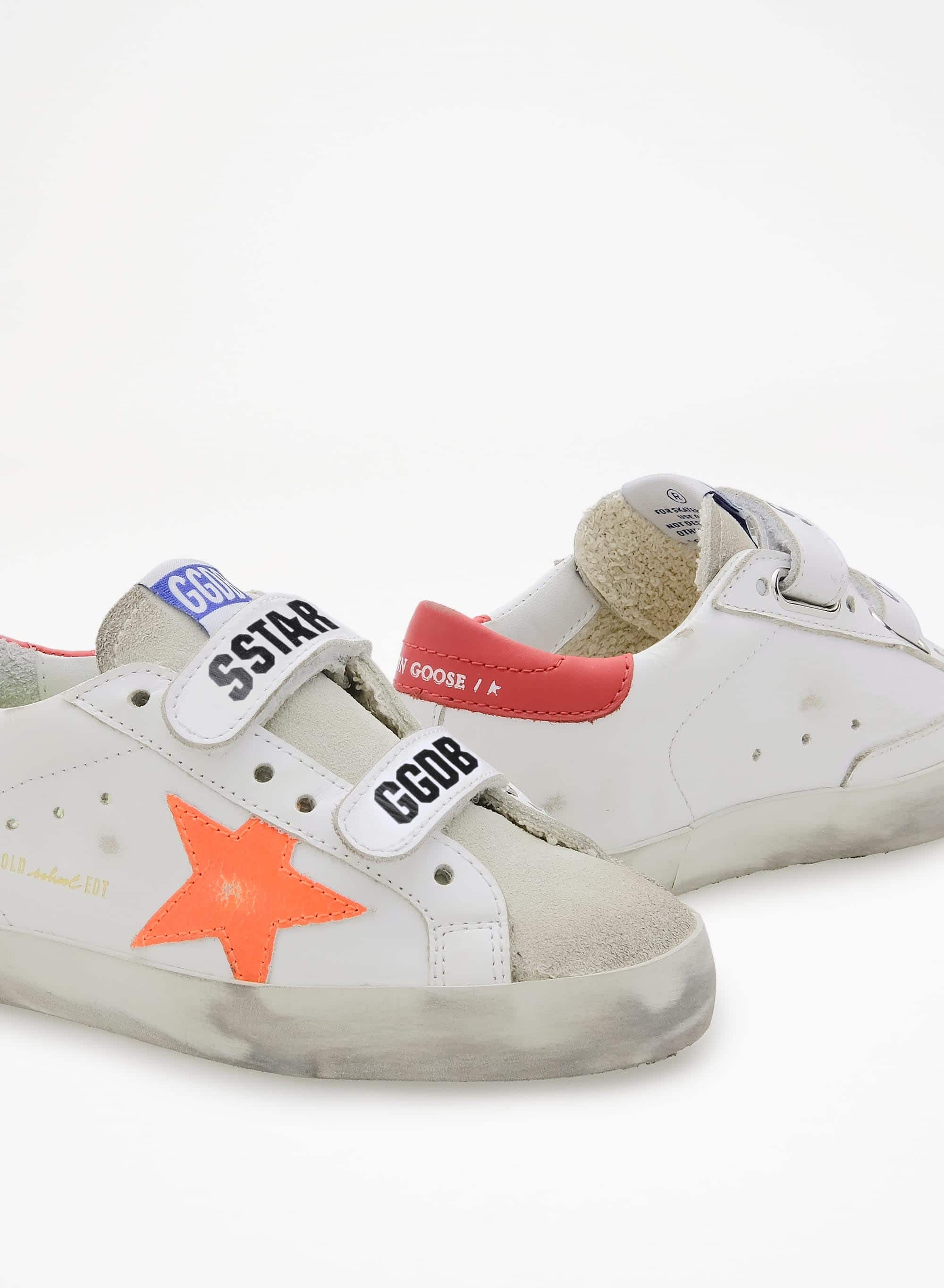 Kids | Young Old School Sneakers with Velcro Fastening & Fluorescent Orange Star | White x Ice x Orange Fluo x Cherry Red - Image 2