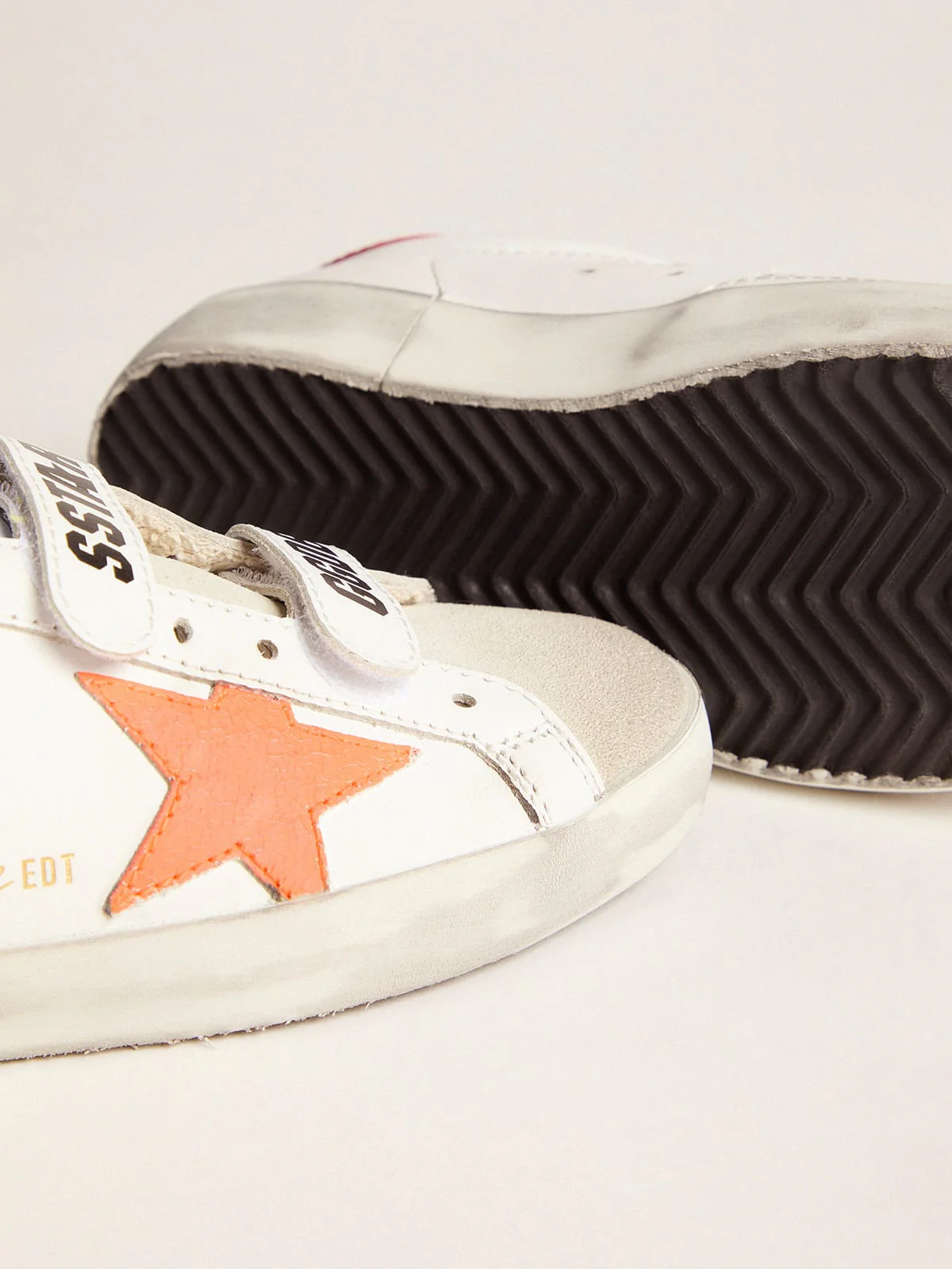 Kids | Young Old School Sneakers with Velcro Fastening & Fluorescent Orange Star | White x Ice x Orange Fluo x Cherry Red - Image 4
