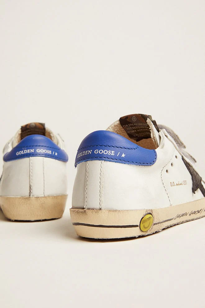 Kids | Young Old School with Black Snake Print Leather Star & Blue Heel | White x Black x Blue - Image 3