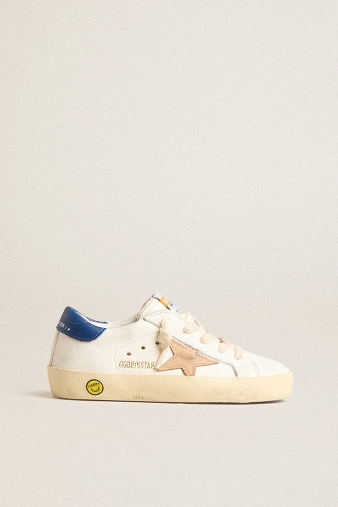 Kids | Young Super-Star Nappa Leather with A Beige Star & Blue Heel Tab | White x Twilight Blue x Beige - Image 4