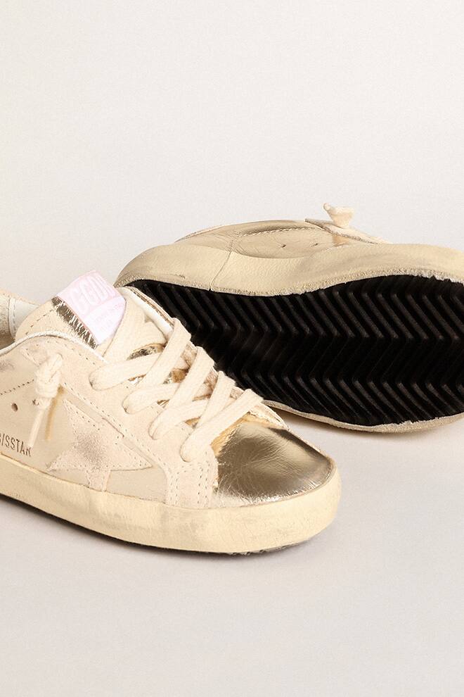 Kids | Young Super-Star Platinum Metallic Leather with Suede Star & Heel Tab | Platinum x Beige - Image 4