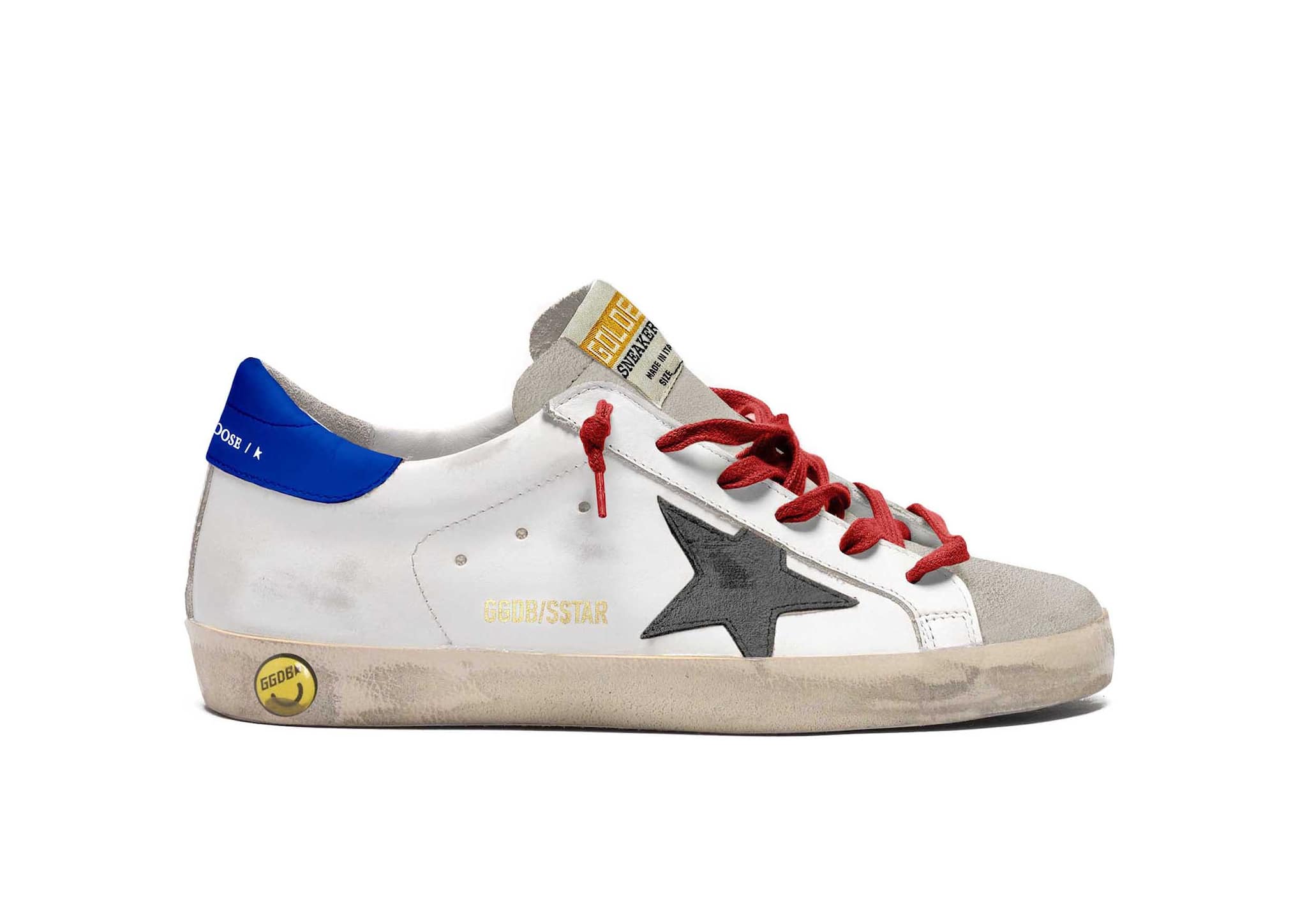 Kids | Young Super-Star Sneakers with Blue Heel Tab & Red Laces | White x Ice x Dark Grey x Royal Blue
