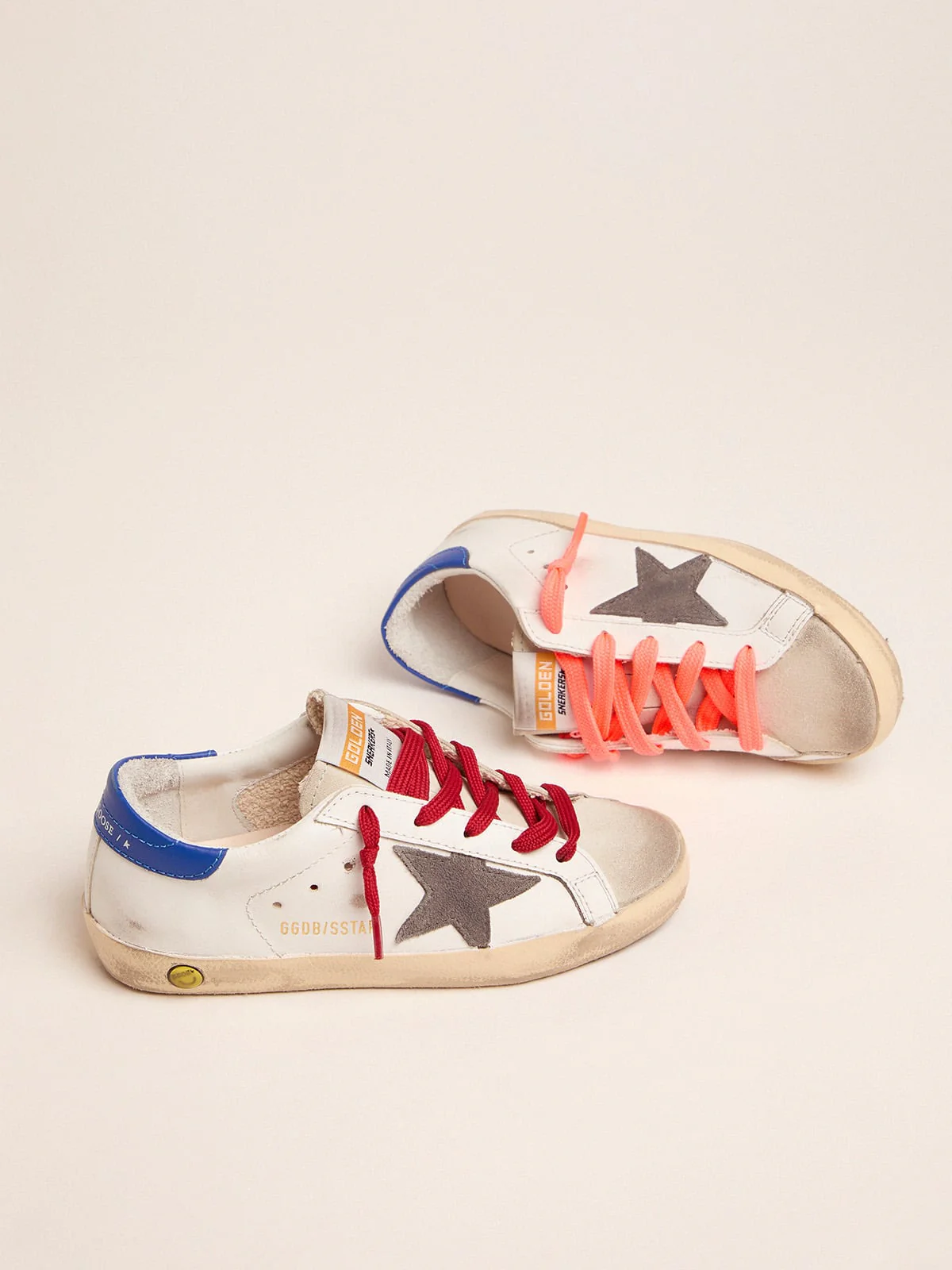 Kids | Young Super-Star Sneakers with Blue Heel Tab & Red Laces | White x Ice x Dark Grey x Royal Blue - Image 2