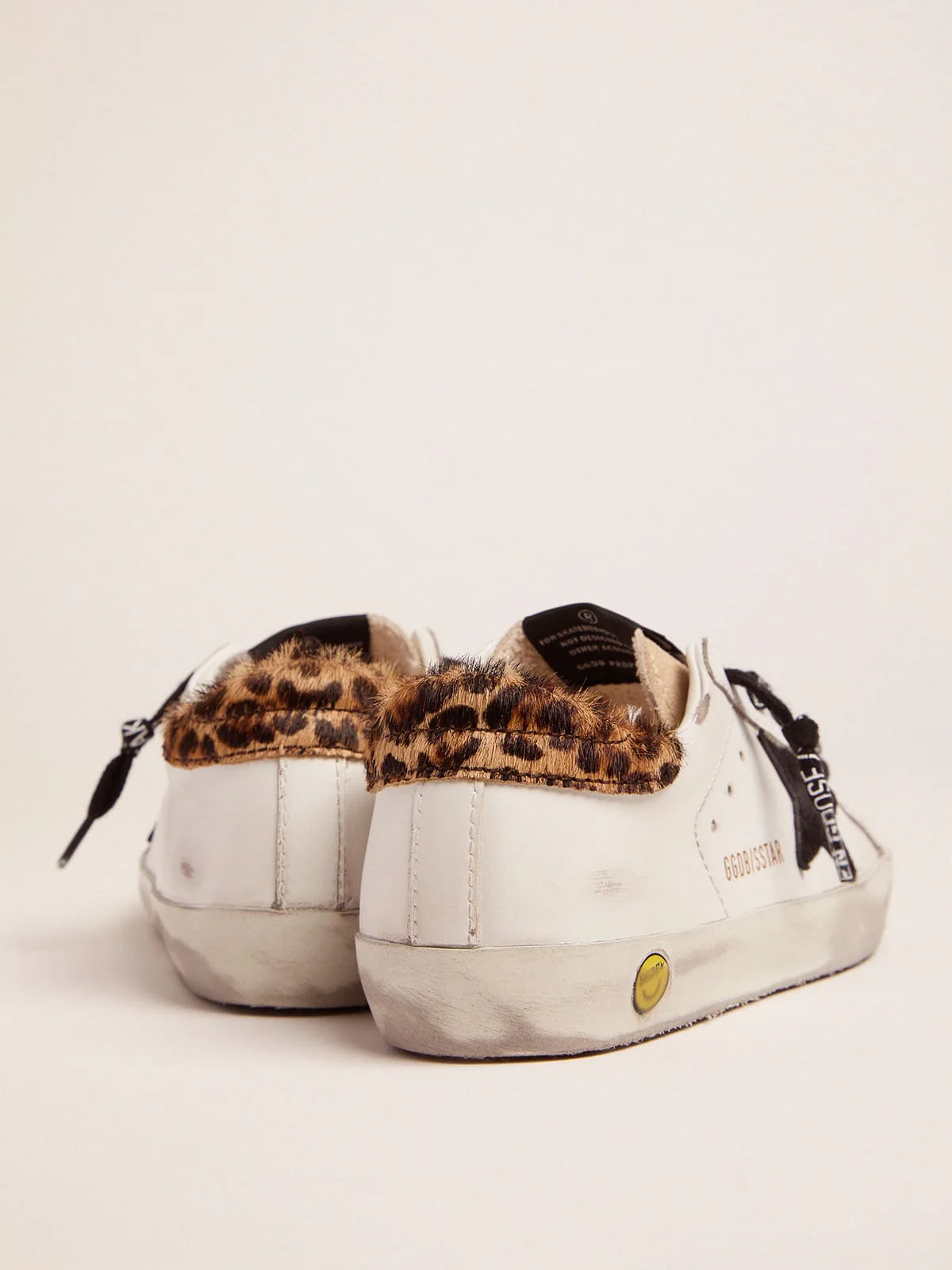 Kids | Young Super-Star Sneakers with Leopard-Print Pony Skin Heel Tab & Black Star | White x Beige x Black x Beige Brown Leo