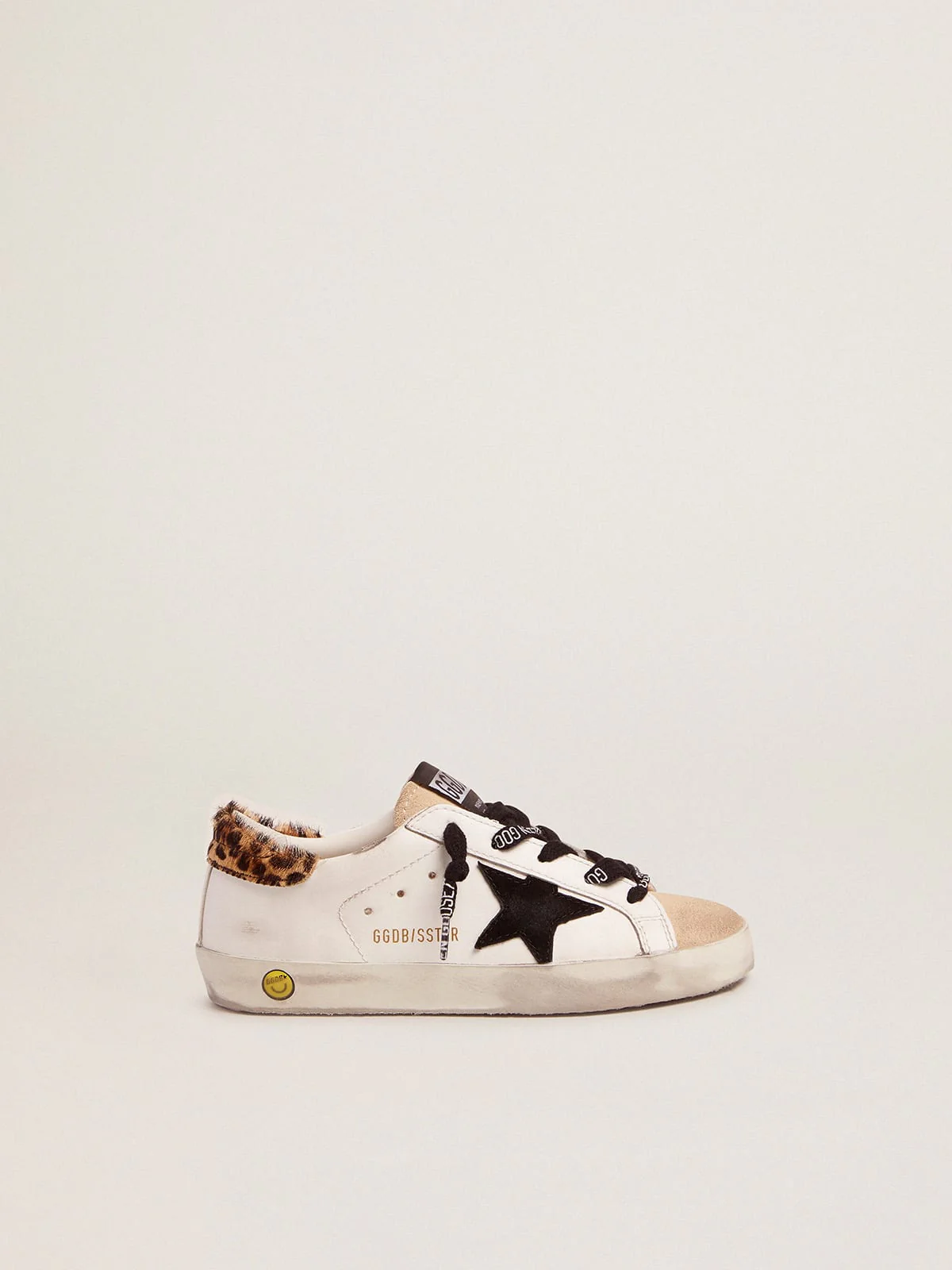 Kids | Young Super-Star Sneakers with Leopard-Print Pony Skin Heel Tab & Black Star | White x Beige x Black x Beige Brown Leo - Image 2