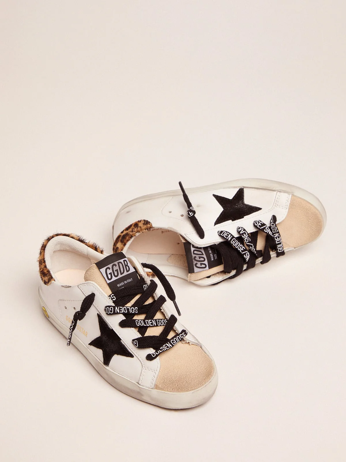 Kids | Young Super-Star Sneakers with Leopard-Print Pony Skin Heel Tab & Black Star | White x Beige x Black x Beige Brown Leo - Image 3