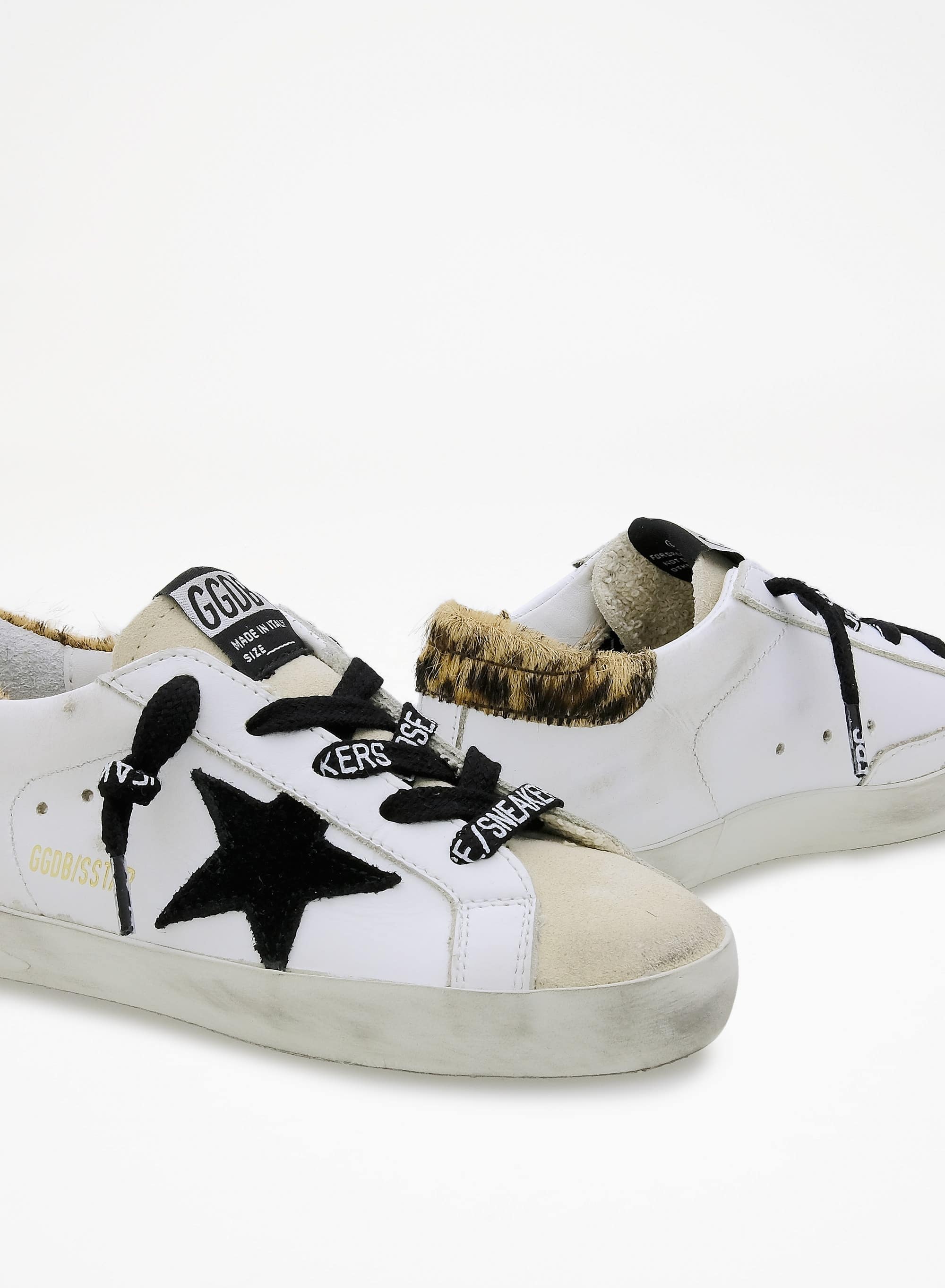 Kids | Young Super-Star Sneakers with Leopard-Print Pony Skin Heel Tab & Black Star | White x Beige x Black x Beige Brown Leo - Image 5