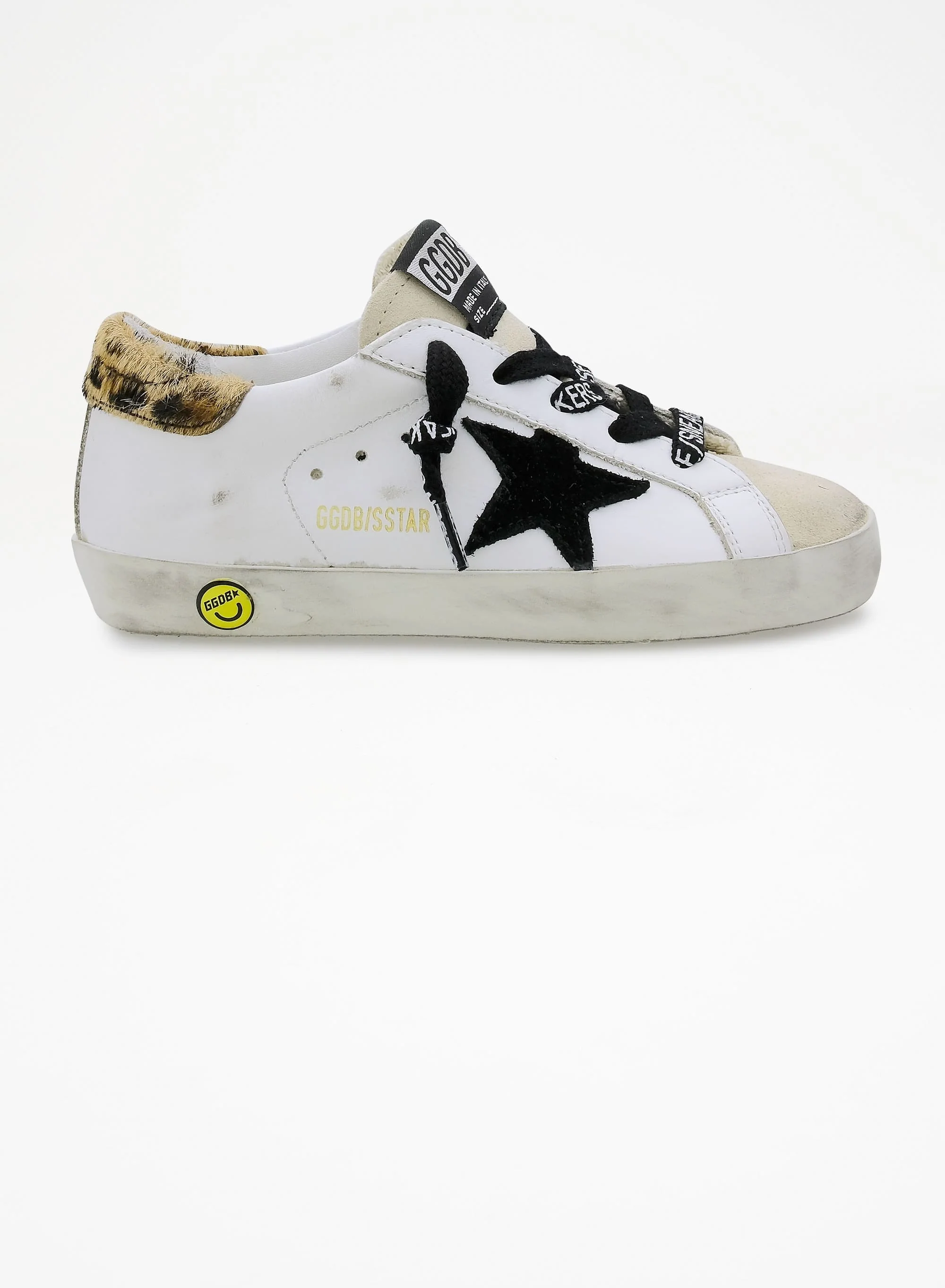 Kids | Young Super-Star Sneakers with Leopard-Print Pony Skin Heel Tab & Black Star | White x Beige x Black x Beige Brown Leo - Image 6
