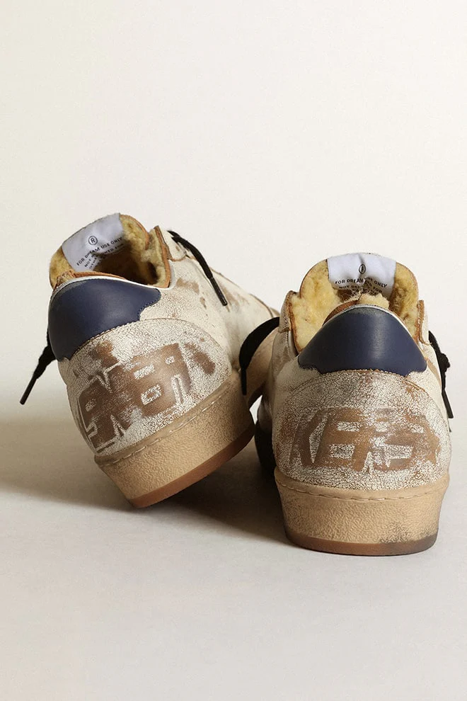 Men | Ball Star Sneakers Glossy White Leather with Dark Green Leather Star & Shearling Lining | White Beige x Dark Green x Blue - Image 3