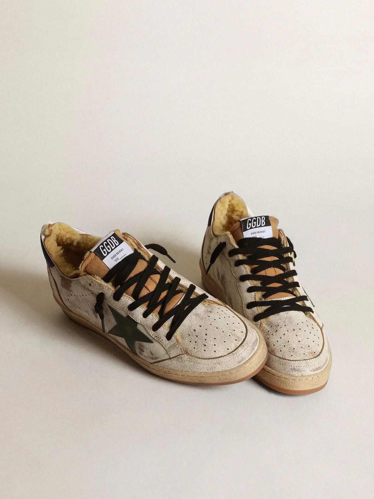 Men | Ball Star Sneakers Glossy White Leather with Dark Green Leather Star & Shearling Lining | White Beige x Dark Green x Blue - Image 6