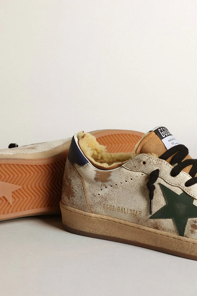 Men | Ball Star Sneakers Glossy White Leather with Dark Green Leather Star & Shearling Lining | White Beige x Dark Green x Blue - Image 7