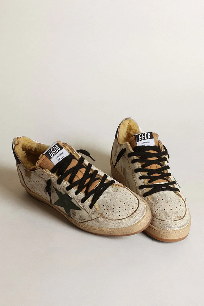 Men | Ball Star Sneakers Glossy White Leather with Dark Green Leather Star & Shearling Lining | White Beige x Dark Green x Blue - Image 8