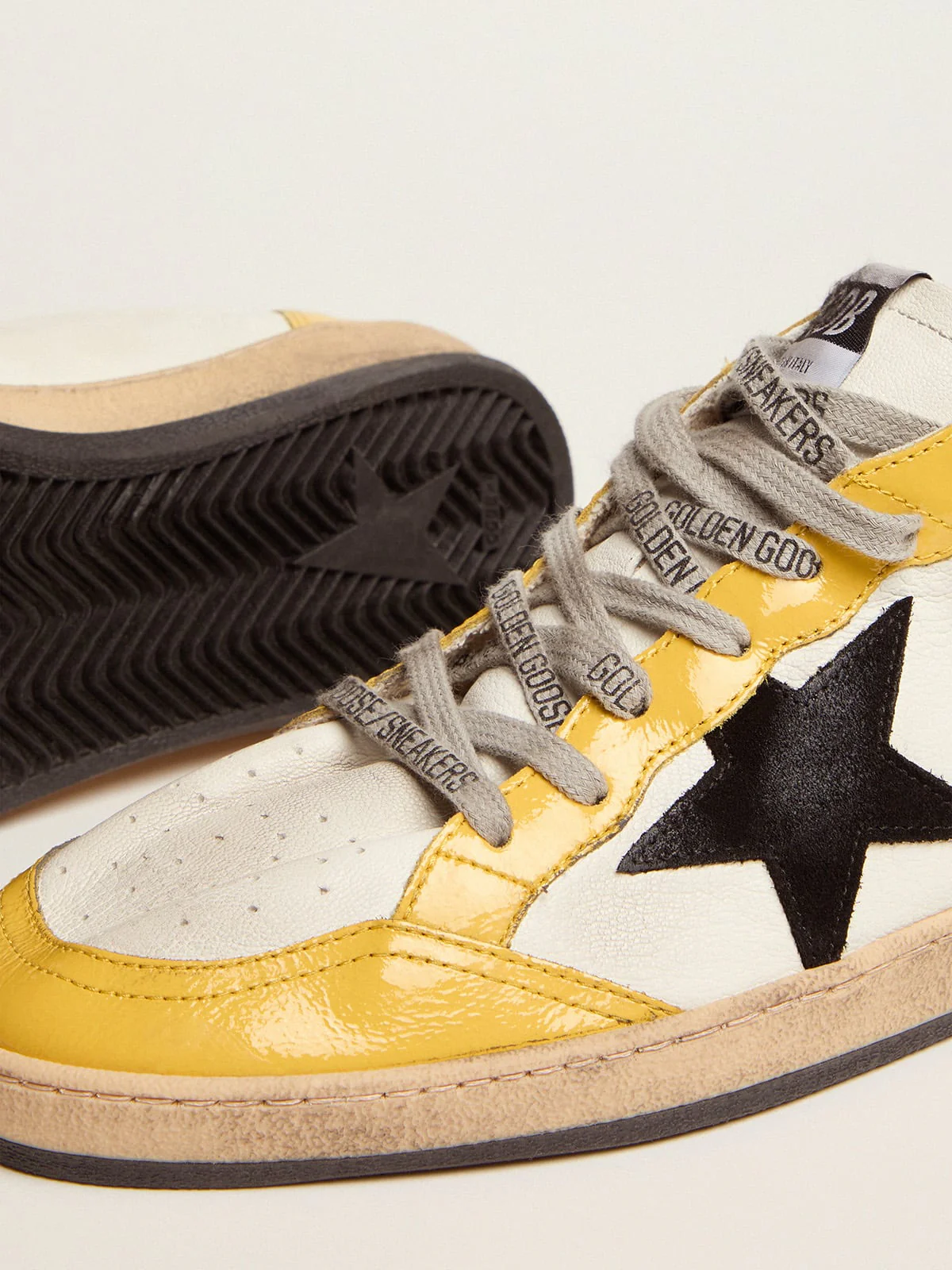 Men | Ball Star Sneakers White Nappa Leather with Black Suede Star & Yellow Naplak Inserts | White x Ocra x Black