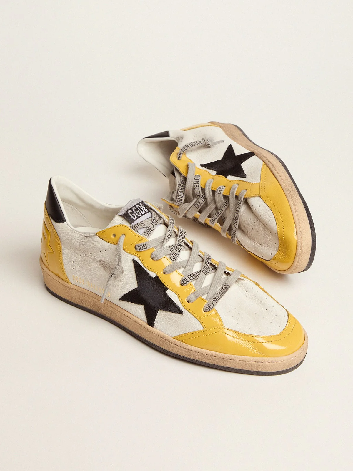 Men | Ball Star Sneakers White Nappa Leather with Black Suede Star & Yellow Naplak Inserts | White x Ocra x Black - Image 3
