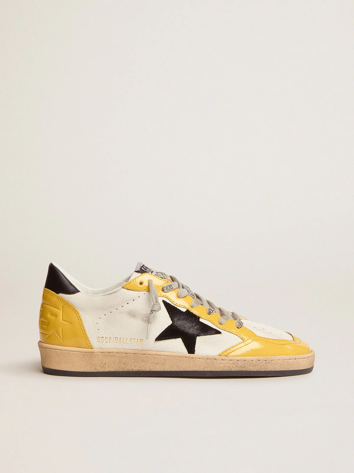 Men | Ball Star Sneakers White Nappa Leather with Black Suede Star & Yellow Naplak Inserts | White x Ocra x Black - Image 4