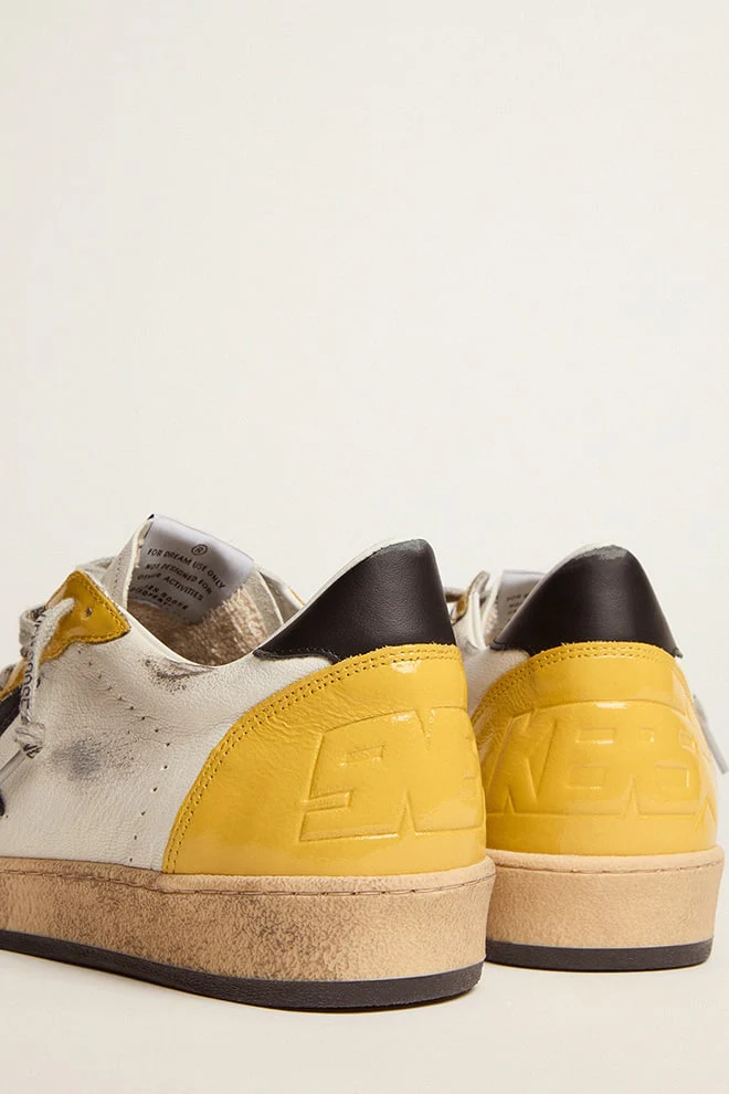 Men | Ball Star Sneakers White Nappa Leather with Black Suede Star & Yellow Naplak Inserts | White x Ocra x Black - Image 7