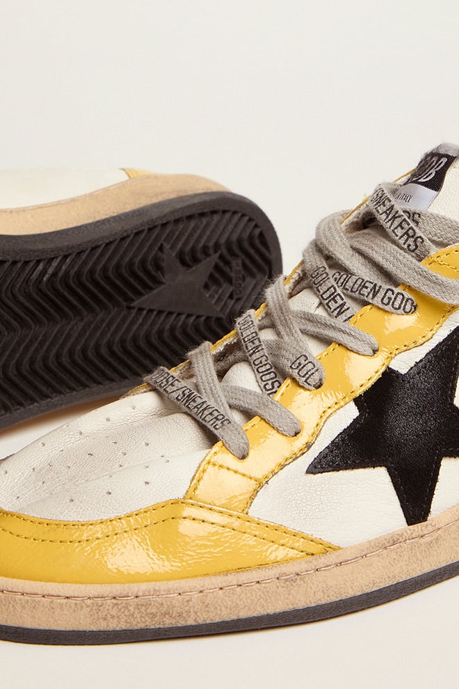 Men | Ball Star Sneakers White Nappa Leather with Black Suede Star & Yellow Naplak Inserts | White x Ocra x Black - Image 8