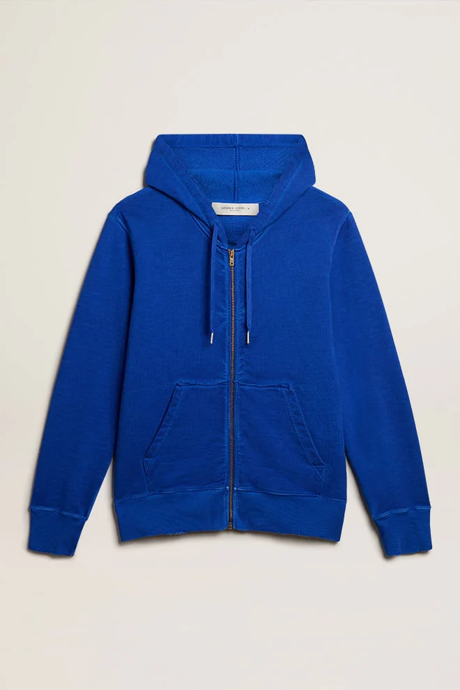 Men | Blue-Colored Hoodie with Lettering On The Back | Mazarine Blue x Optic White