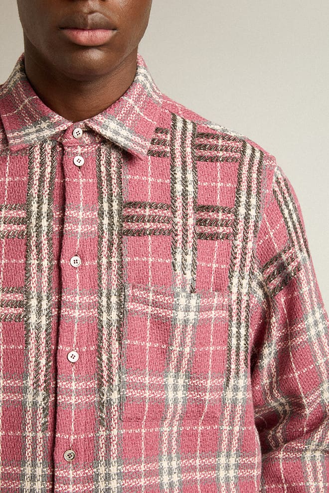 Men | Boxy Fit Shirt with Pink, Sand & Gray Check Embroidery | Crushed Berry x Sandshell x Grey - Image 8