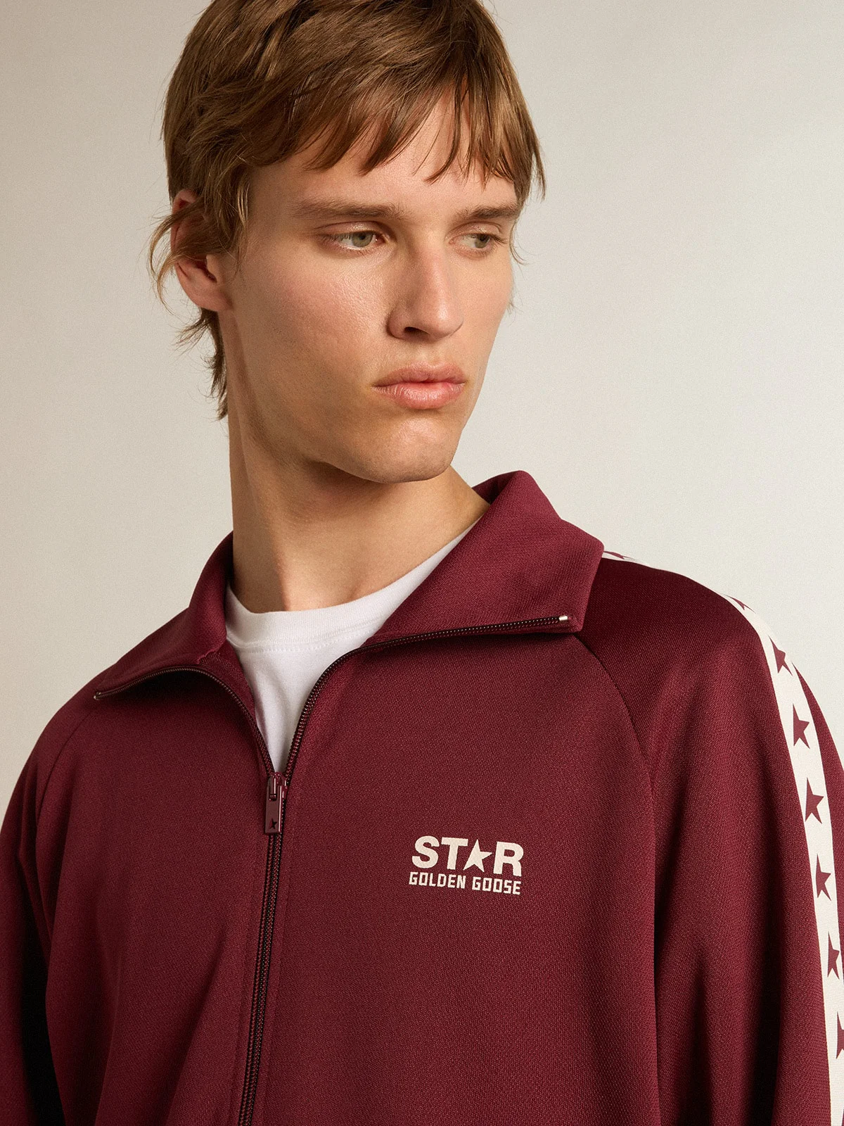 Men | Burgundy Zipped Sweatshirt with White Strip & Contrasting Stars | Windsor Wine x White - Image 10