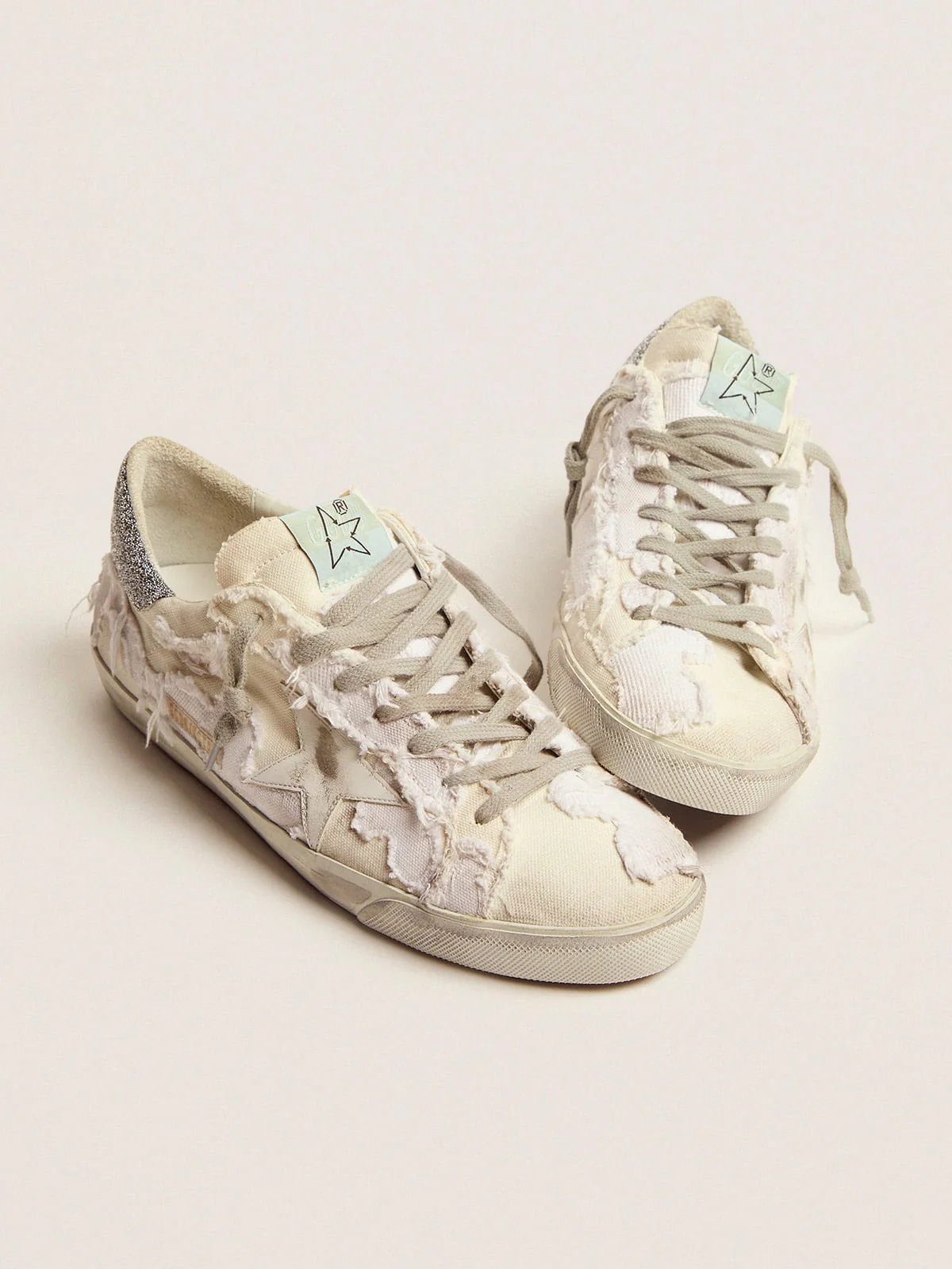 Men | Canvas Super-Star Sneakers with Swarovski Crystal Heel Tab | Milk White Beige x Black Silver - Image 9