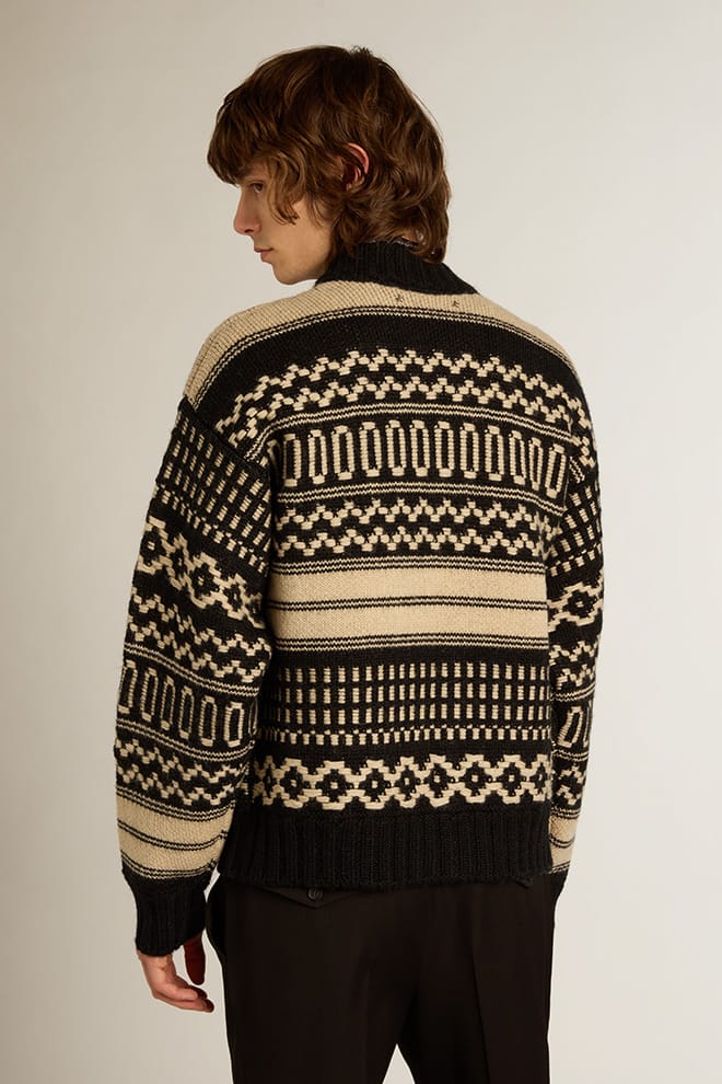 Men | Cardigan Ecru Wool with Jacquard Design | Black x Ecru