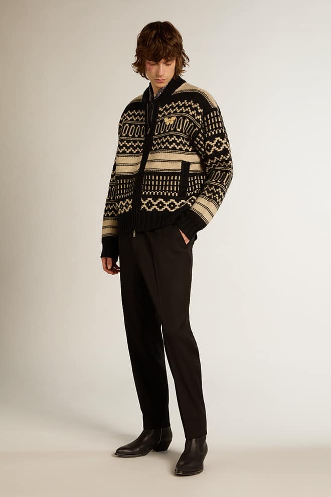 Men | Cardigan Ecru Wool with Jacquard Design | Black x Ecru - Image 2