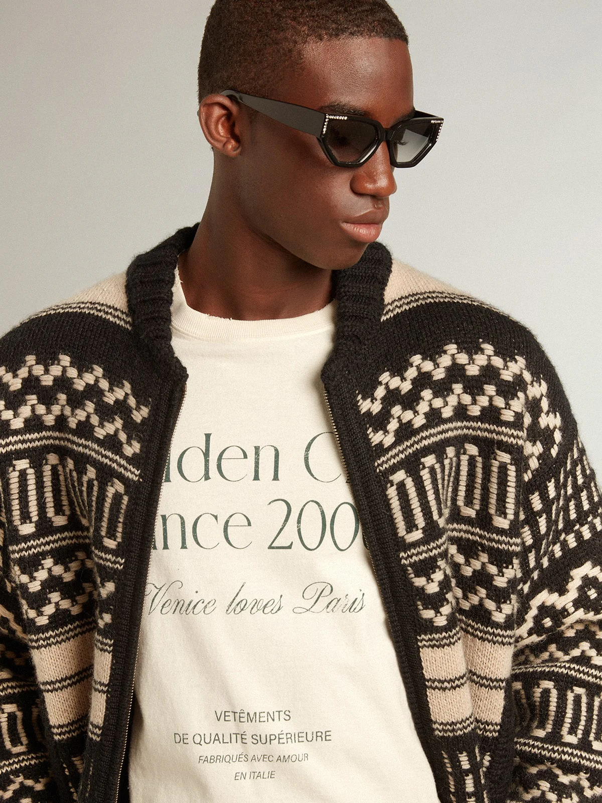 Men | Cardigan Ecru Wool with Jacquard Design | Black x Ecru - Image 3