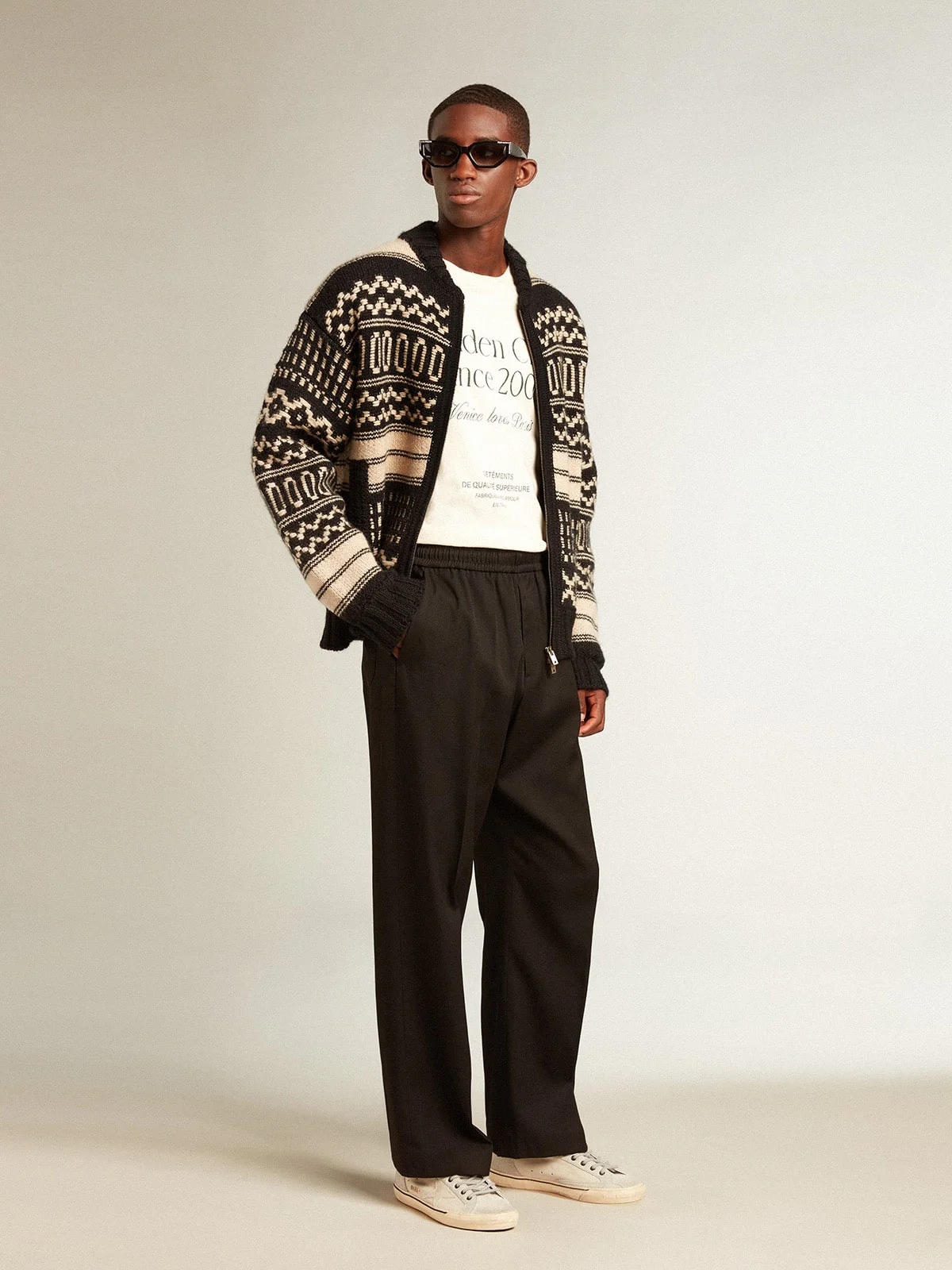 Men | Cardigan Ecru Wool with Jacquard Design | Black x Ecru - Image 5