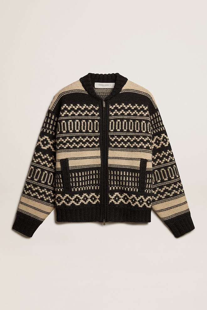 Men | Cardigan Ecru Wool with Jacquard Design | Black x Ecru - Image 6