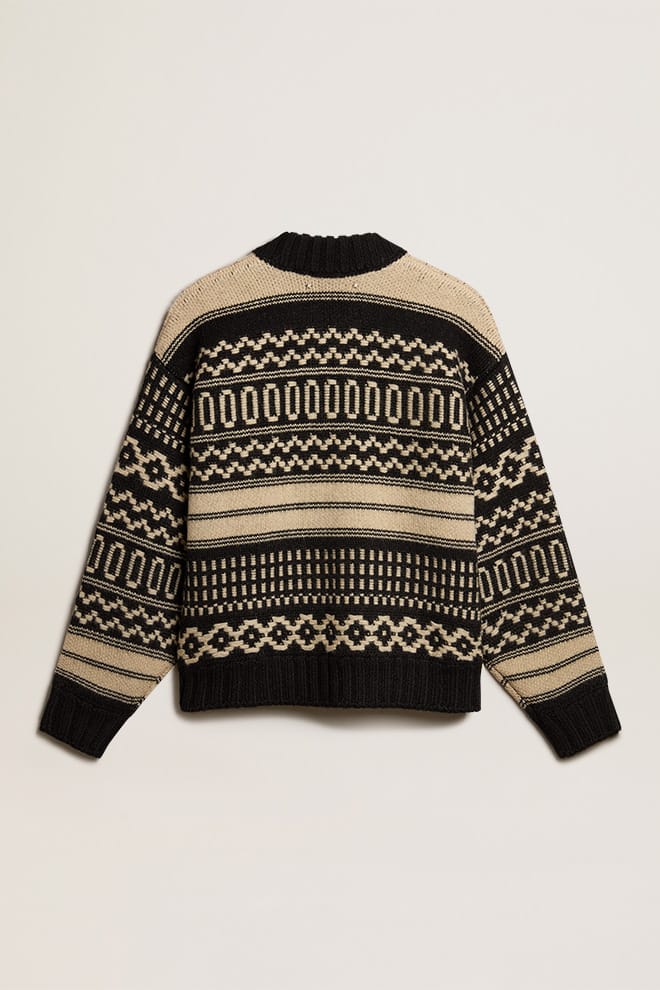 Men | Cardigan Ecru Wool with Jacquard Design | Black x Ecru - Image 7