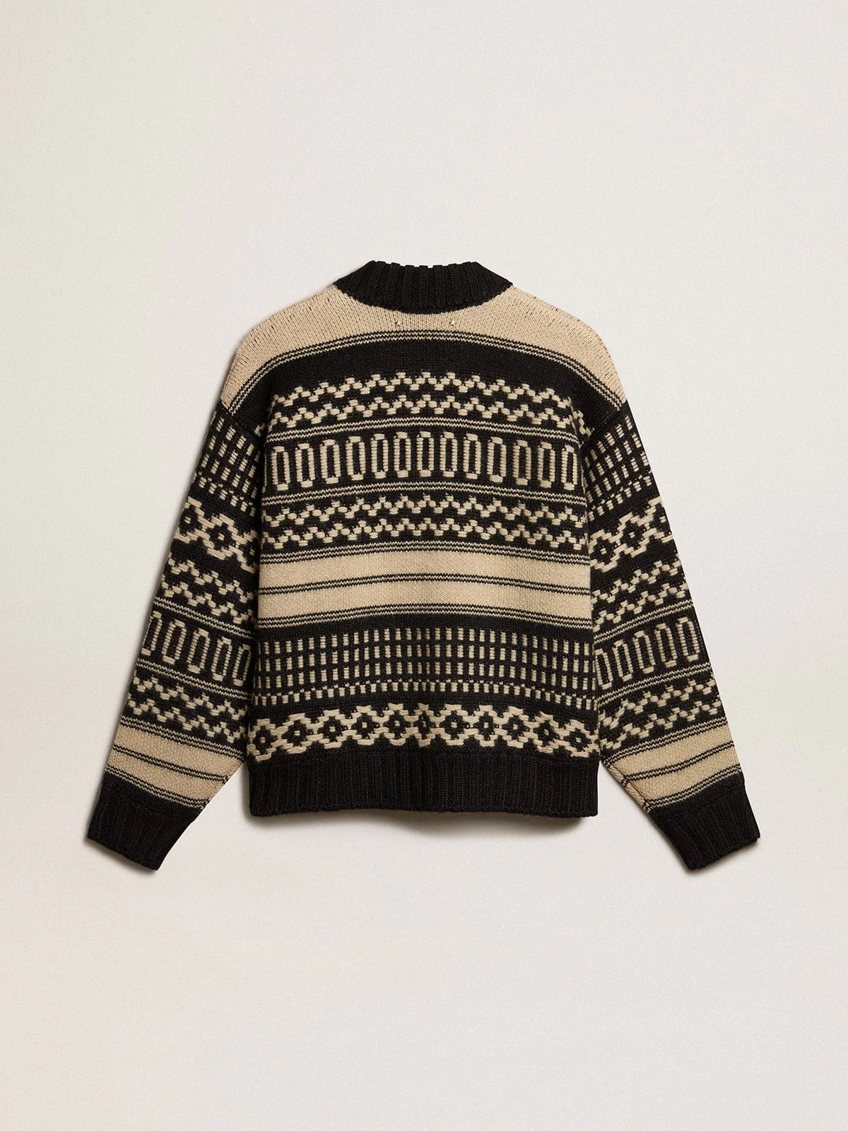 Men | Cardigan Ecru Wool with Jacquard Design | Black x Ecru - Image 8