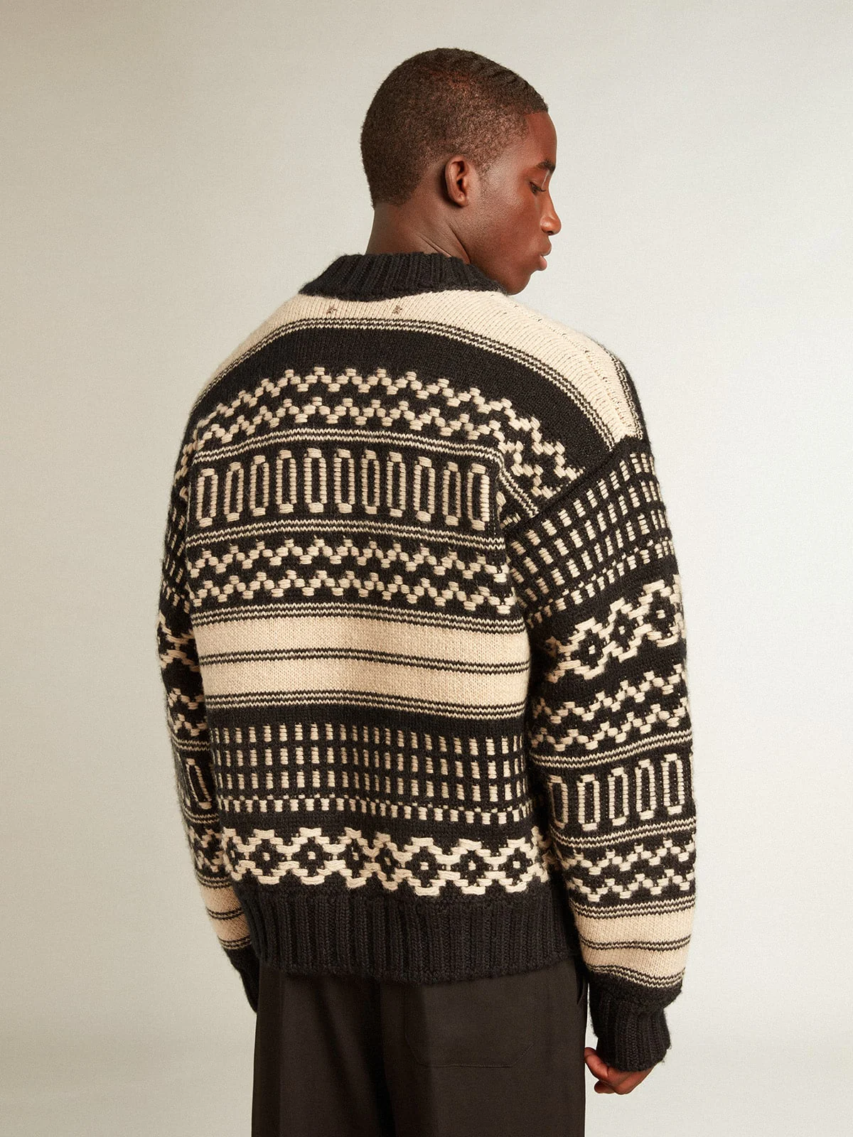 Men | Cardigan Ecru Wool with Jacquard Design | Black x Ecru - Image 9