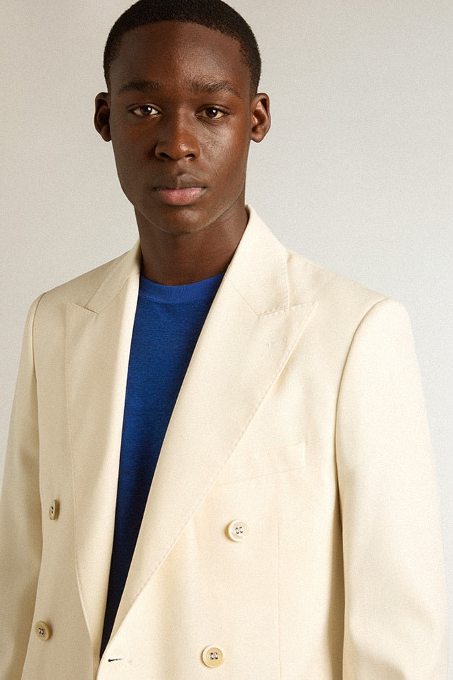 Men | Cream-Colored Double-Breasted Blazer | Artic Wolf - Image 6
