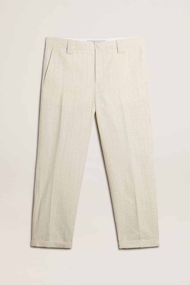Men | Cream-Colored Pants Striped Cotton | Ecru x Eclipse x Dull Gold - Image 5